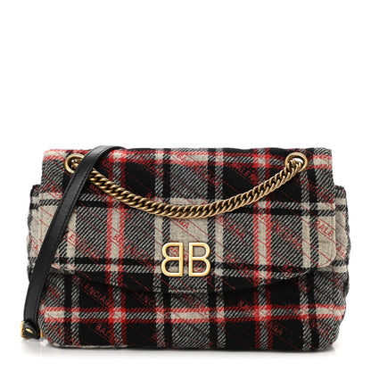 Balenciaga Wool Plaid Diagonal Allover Logo Matelasse M BB Round Shoulder Bag Black White Red 1 of 13