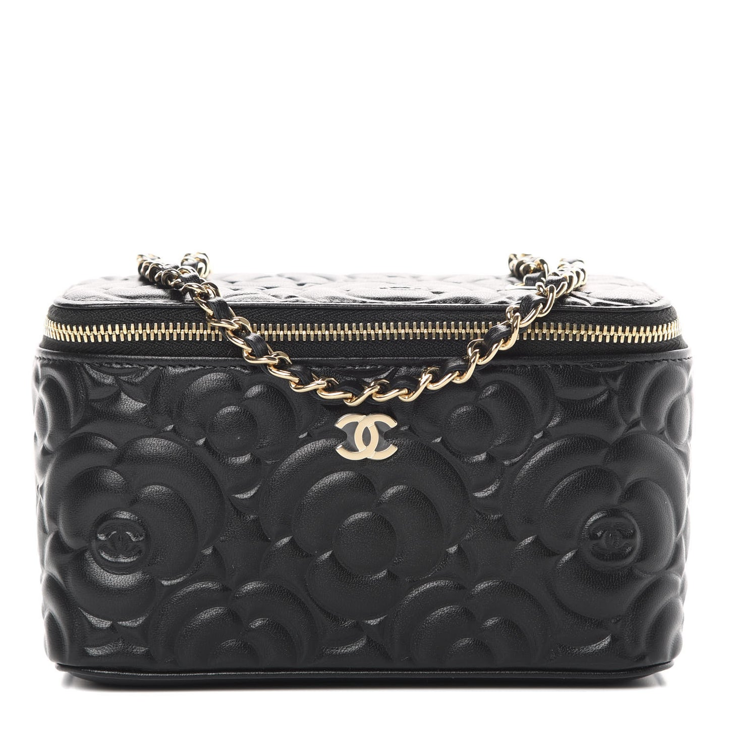 Lambskin Camellia Embossed Small Vanity Case With Chain Black