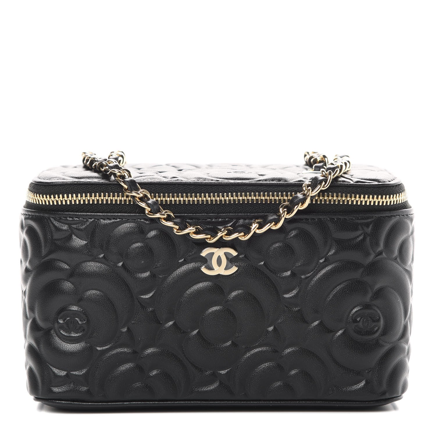Chanel Lambskin Camellia Embossed Small Vanity Case With Chain Black 1 of 11