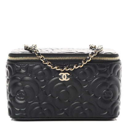 Chanel Lambskin Camellia Embossed Small Vanity Case With Chain Black 1 of 11