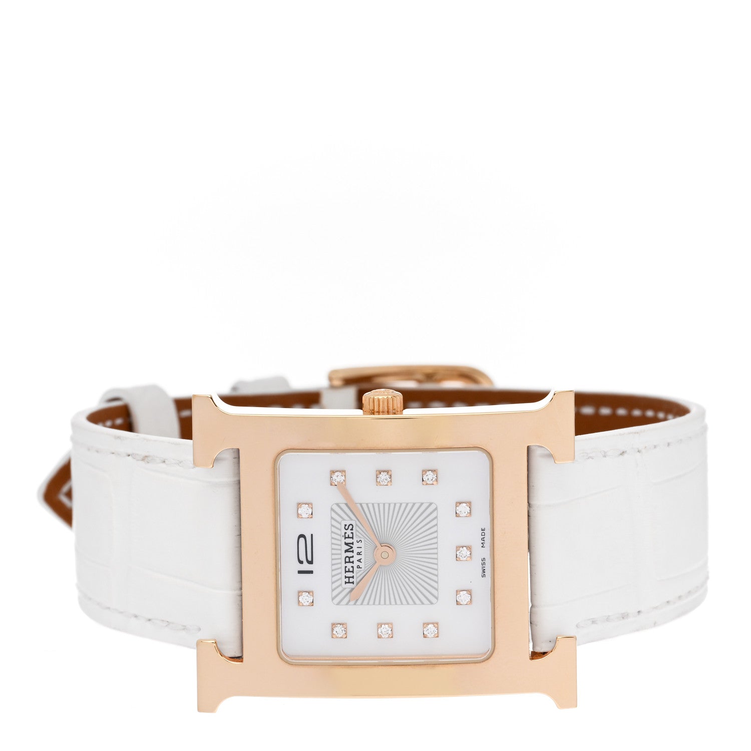 Hermes Stainless Steel Alligator Diamond Mother of Pearl 26mm Heure H Hour Quartz Watch Blanc 2 of 5
