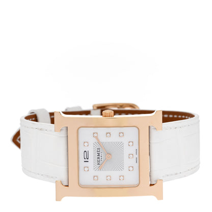 Hermes Stainless Steel Alligator Diamond Mother of Pearl 26mm Heure H Hour Quartz Watch Blanc 2 of 5