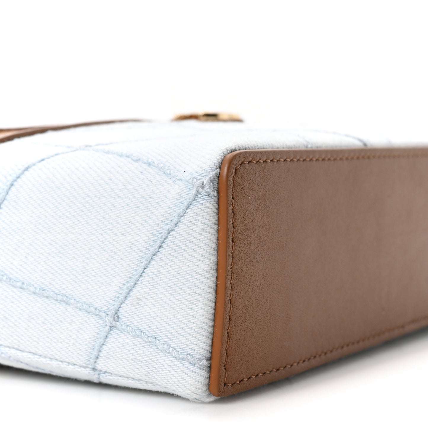 Washed Denim Calfskin Quilted Top Handle Slim Vanity Case With Chain Blue Brown