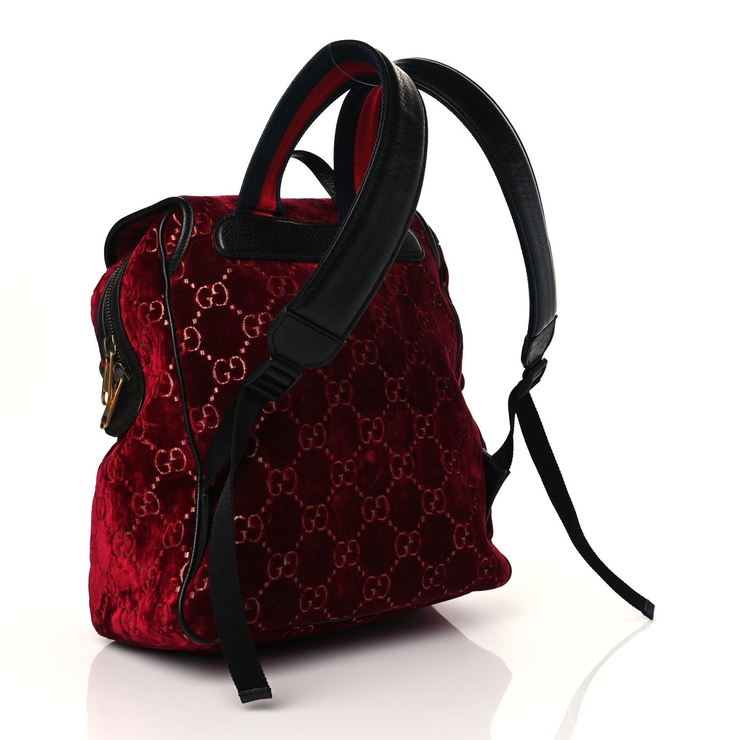 Velvet GG Monogram Textured Calfskin Web Small Double Buckle Backpack Red Cipria Black