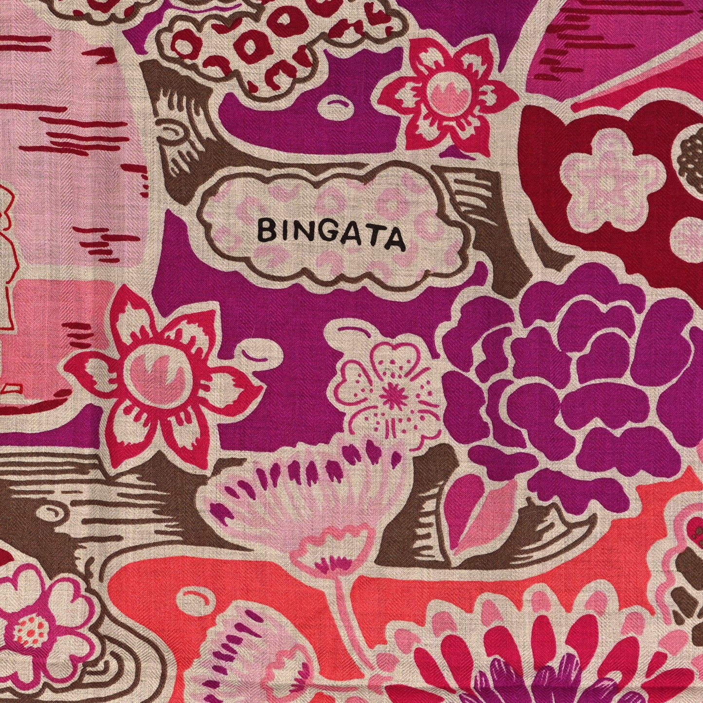 Cashmere Silk Bingata Shawl 140 Naturel Fuchsia Rose Poudre