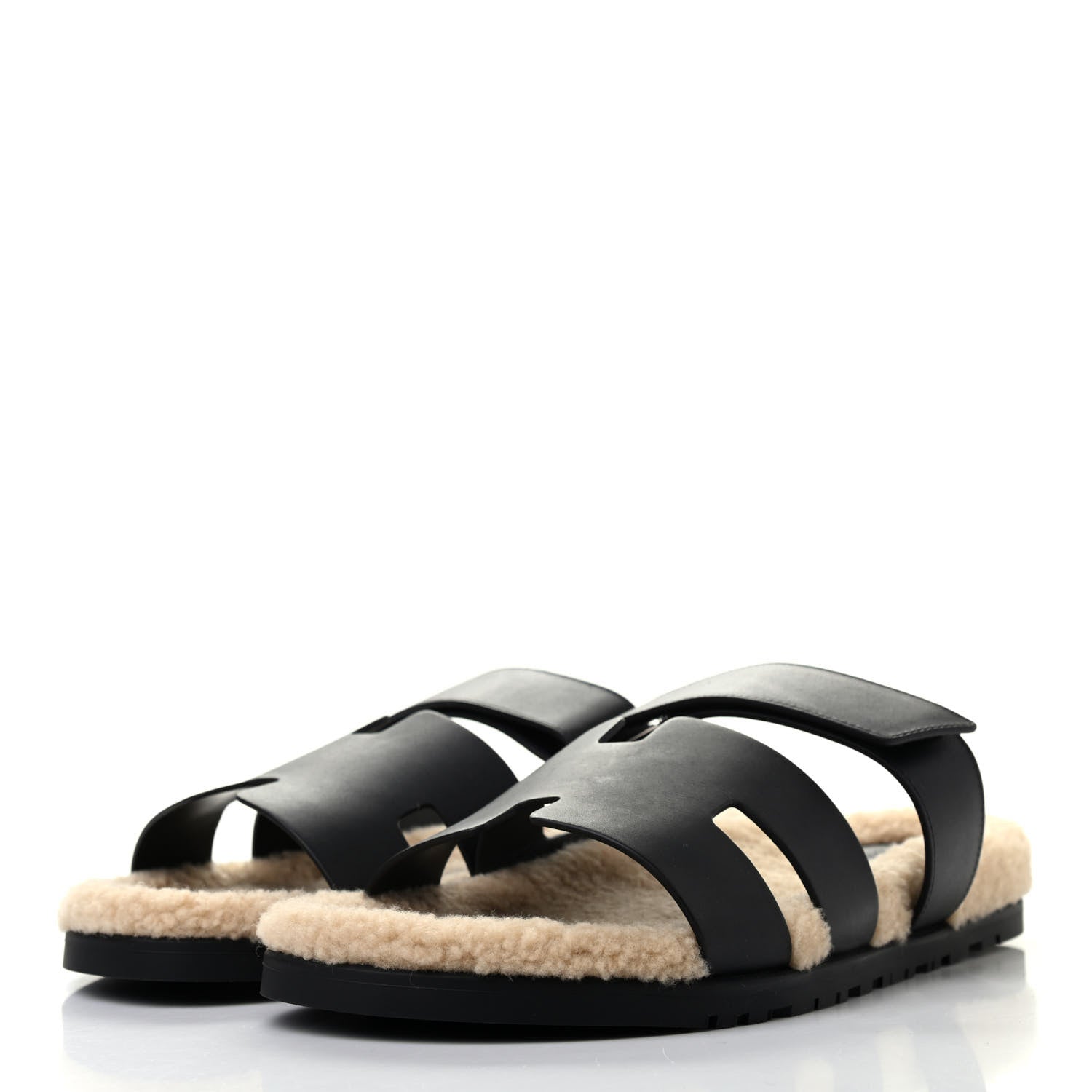 Hermes Veau Indios Woolskin Mens Chypre Sandals 44 Black Ecru 3 of 8