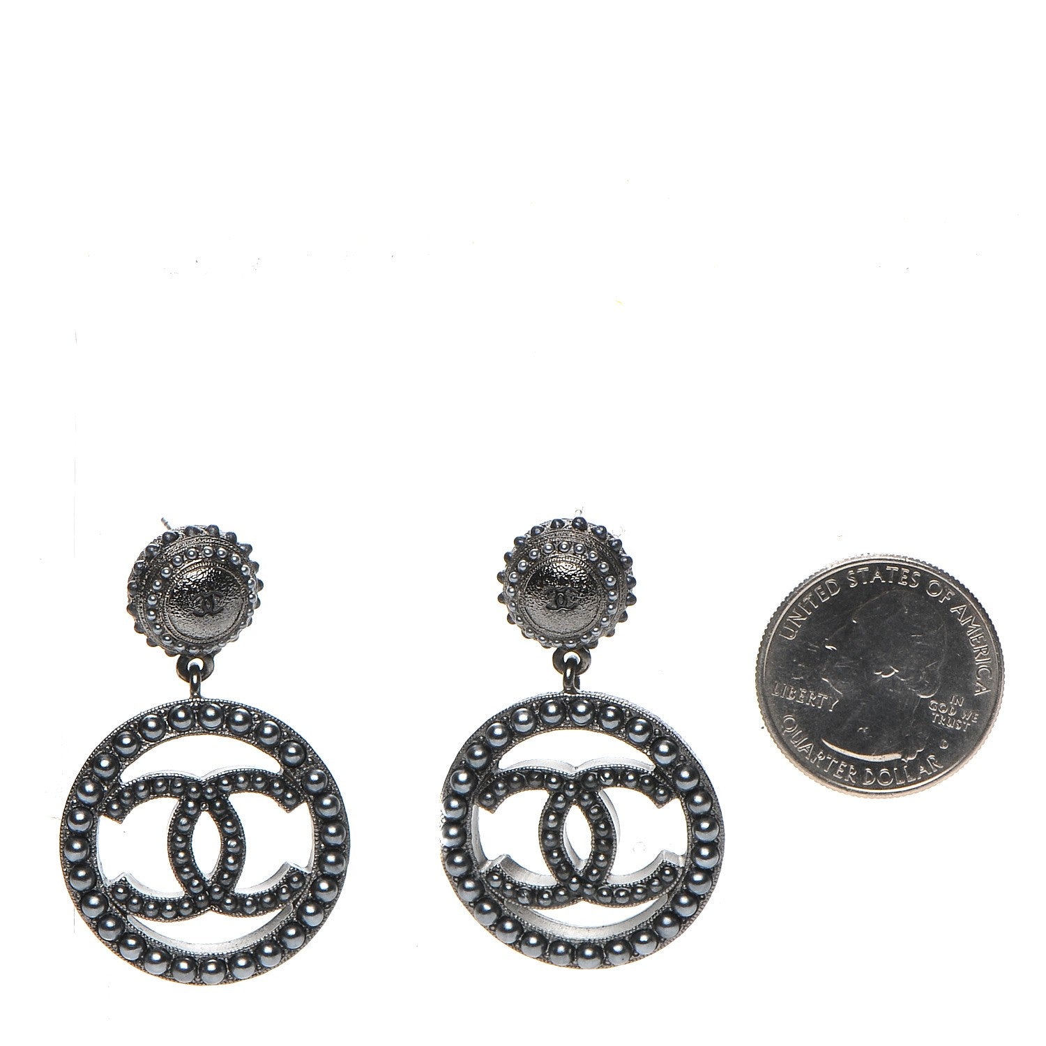 Chanel Ruthenium Beaded CC Drop Earrings Dark Grey 2 of 5