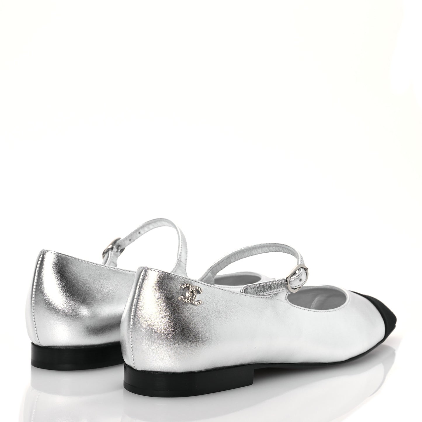 Laminated Calfskin Grosgrain Mary Janes Flats 37 Silver Black