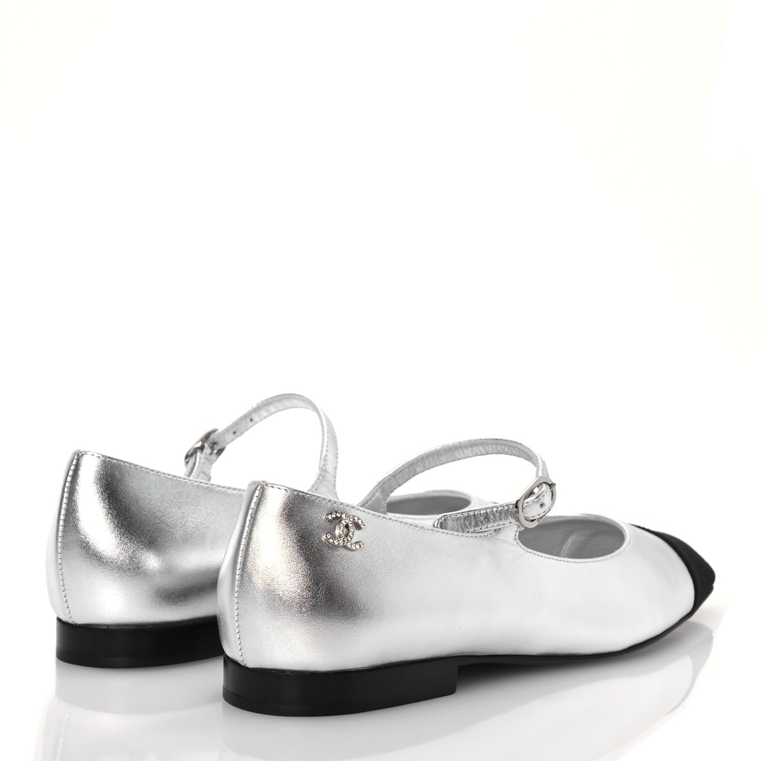 Chanel Laminated Calfskin Grosgrain Mary Janes Flats 37 Silver Black 4 of 12