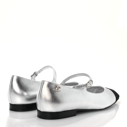 Chanel Laminated Calfskin Grosgrain Mary Janes Flats 37 Silver Black 4 of 12