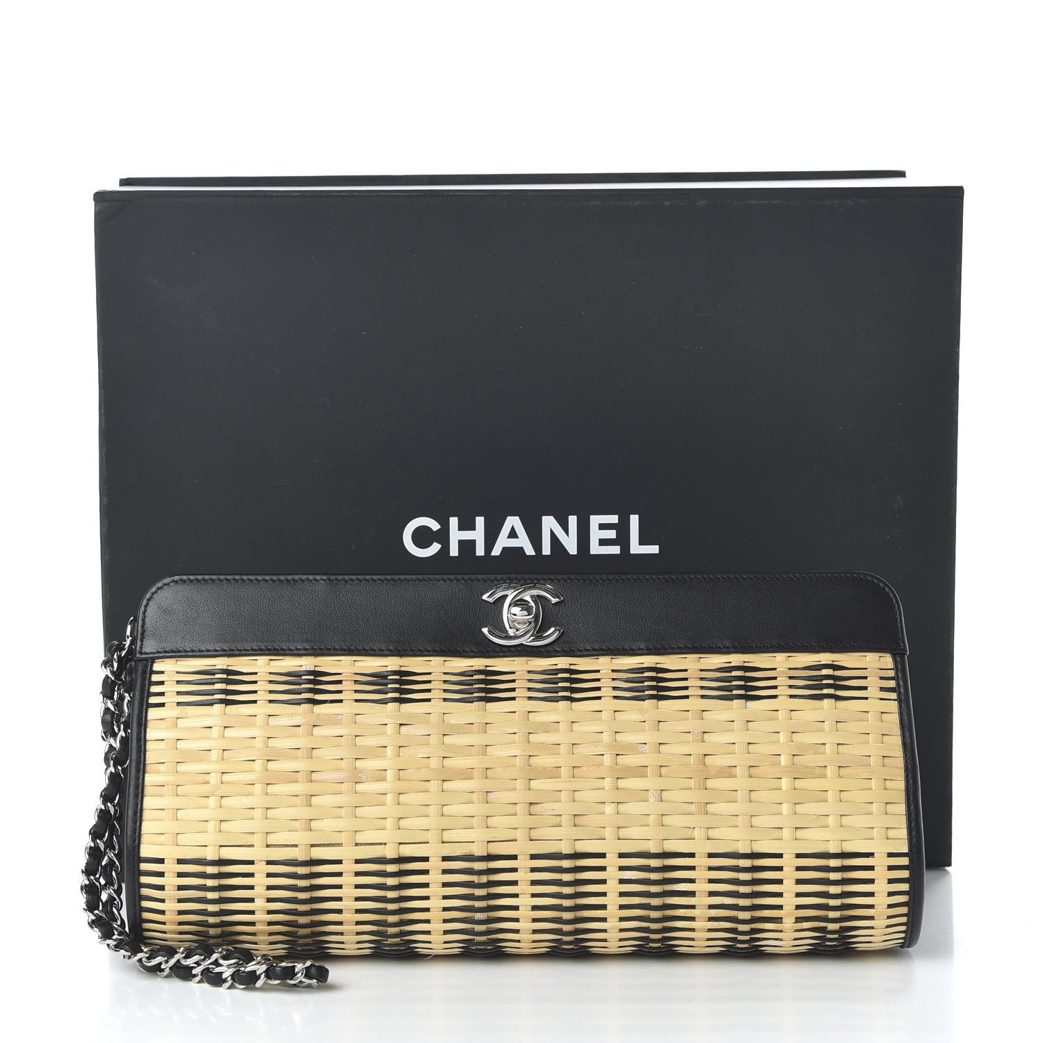 Chanel Rattan Calfskin CC Chain Wristlet Clutch Black Beige 12 of 12