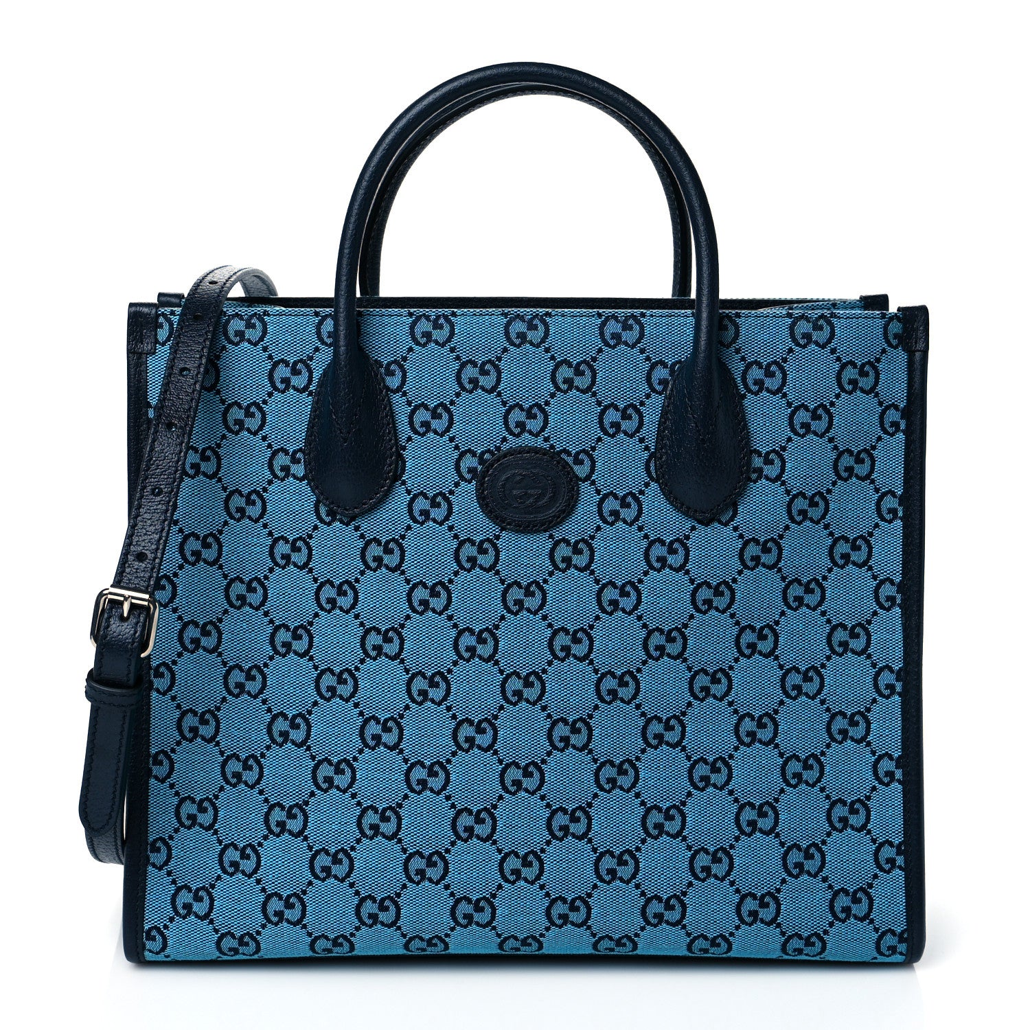 Gucci Monogram Multicolor Textured Dollar Calfskin Small Retro Interlocking G Tote Bag Light Blue 1 of 10