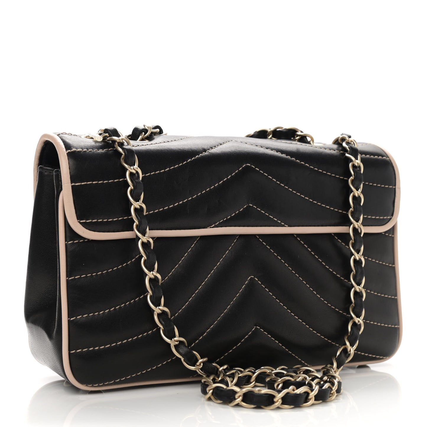 Lambskin Chevron Small Single Flap Bag Black Beige