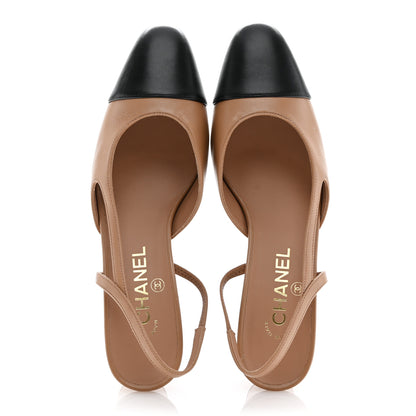 Chanel Lambskin Cap Toe CC Slingback Pumps 39 Dark Beige Black 2 of 12
