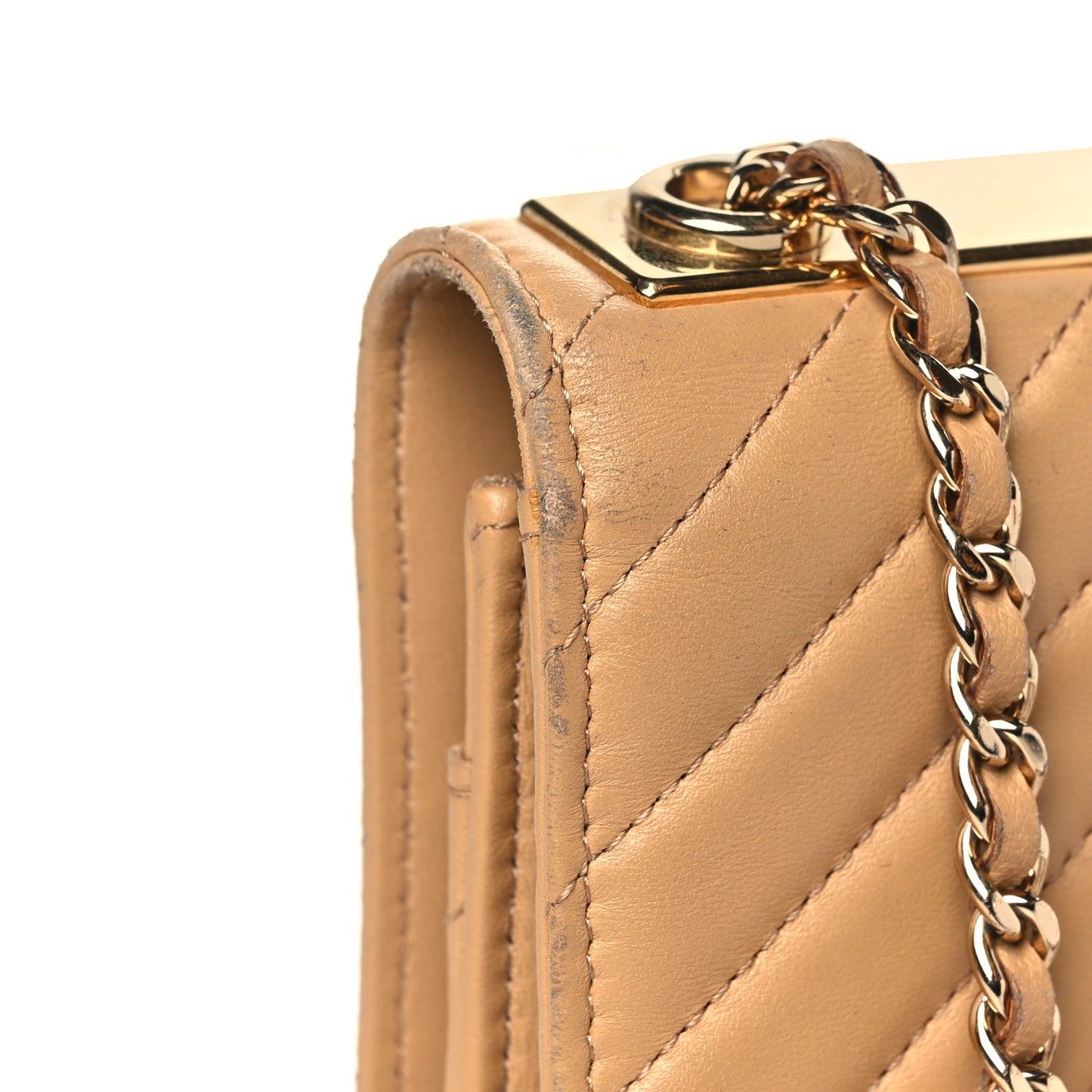 Lambskin Chevron Quilted Trendy CC Wallet On Chain WOC Beige
