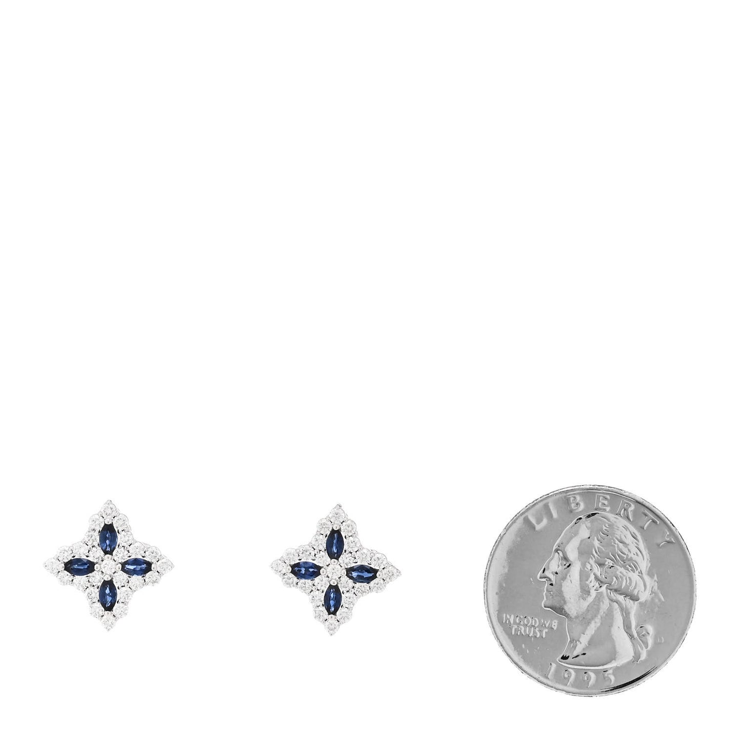 18K White Gold Diamond Blue Sapphire Princess Flower Stud Earrings