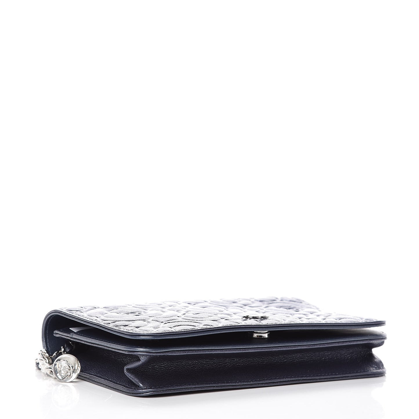 Goatskin Camellia Embossed Wallet On Chain WOC Dark Blue