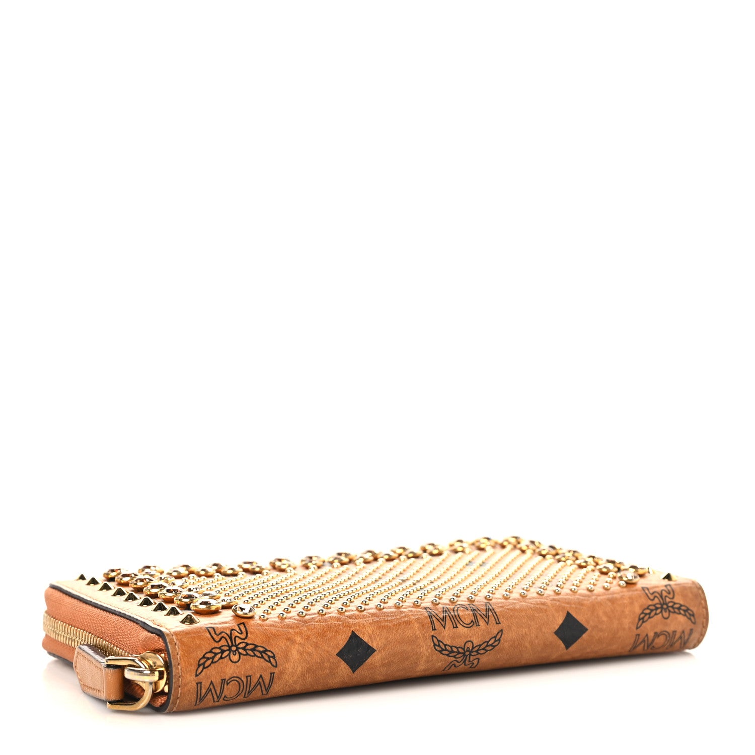 MCM Visetos Studded Crystal Zip Around Wallet Cognac 1859800
