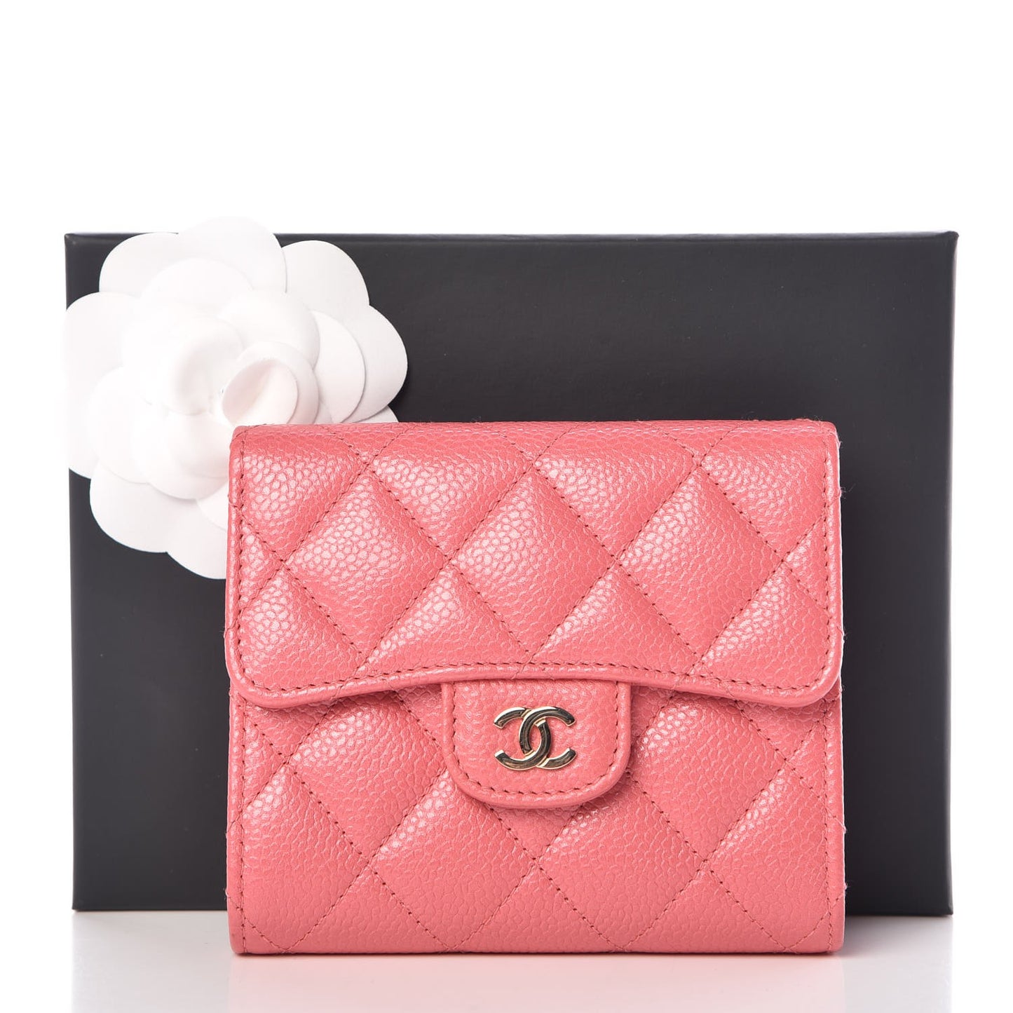 Caviar Quilted Compact Flap Wallet Pink