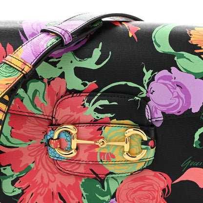 Gucci X KEN SCOTT New Shangai Calfskin Jenny Floral Print Horsebit 1955 Shoulder Bag Black Pink 8 of 10