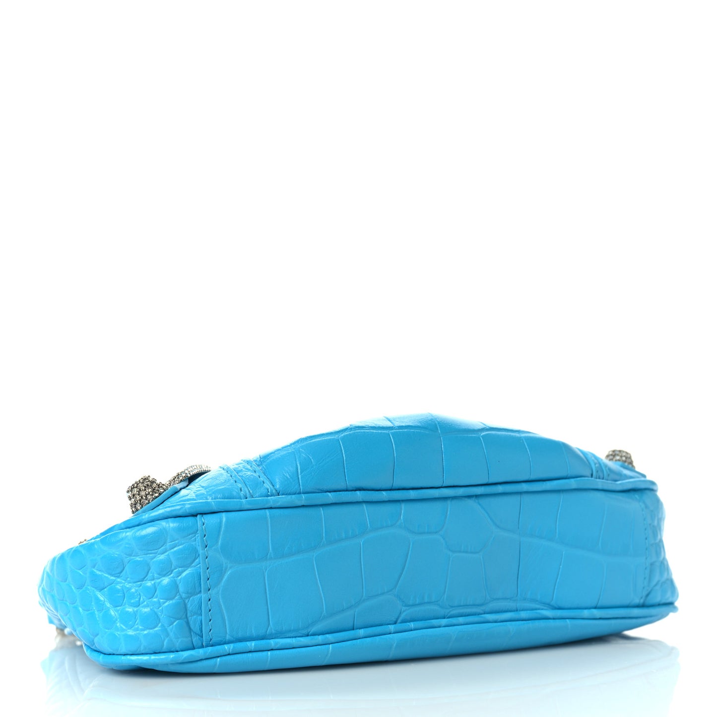 Extra Supple Calfskin Crocodile Embossed Crystal Mini Le Cagole Purse With Chain Cyan