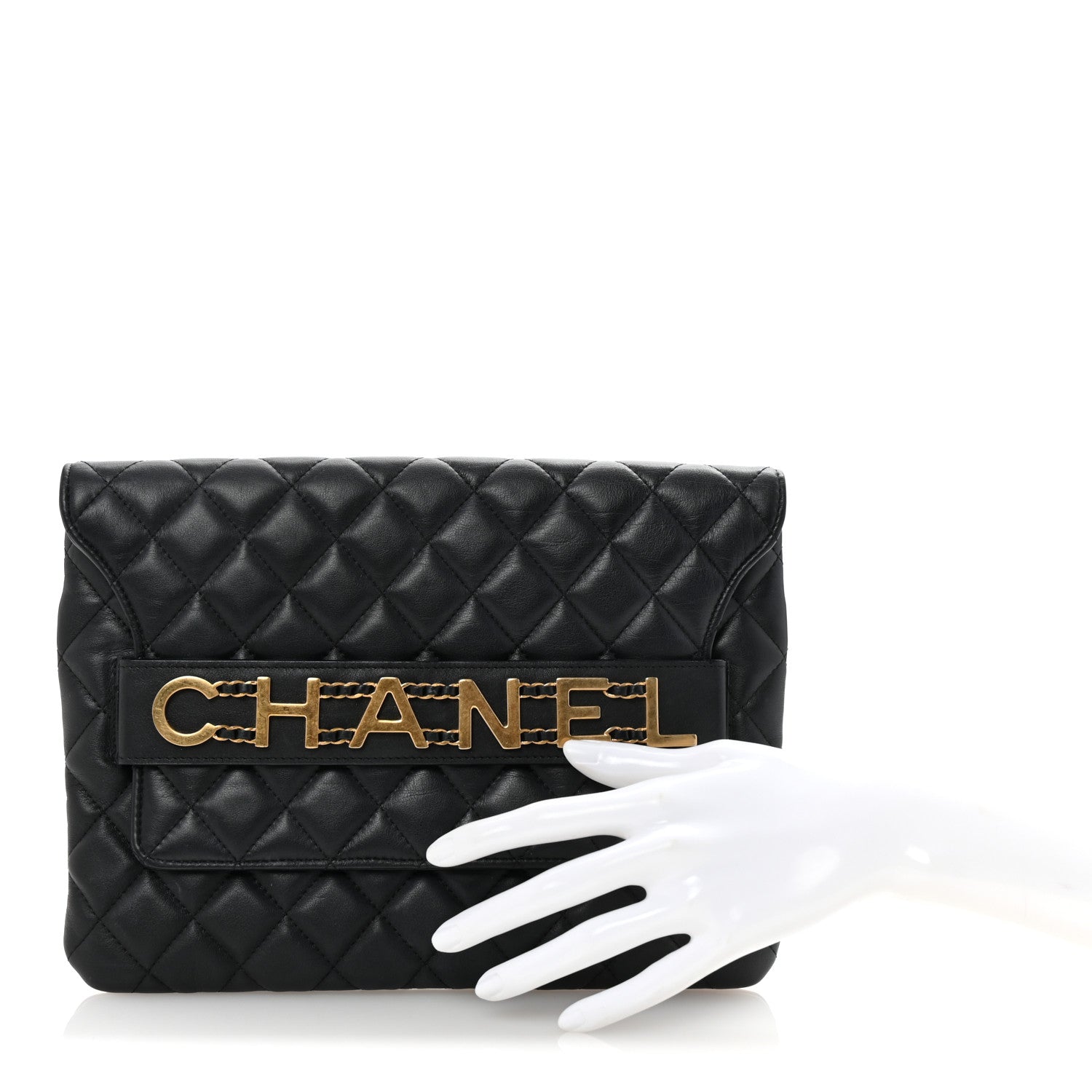 Chanel Calfskin Quilted Front Logo Enchained Clutch Black 2 of 8