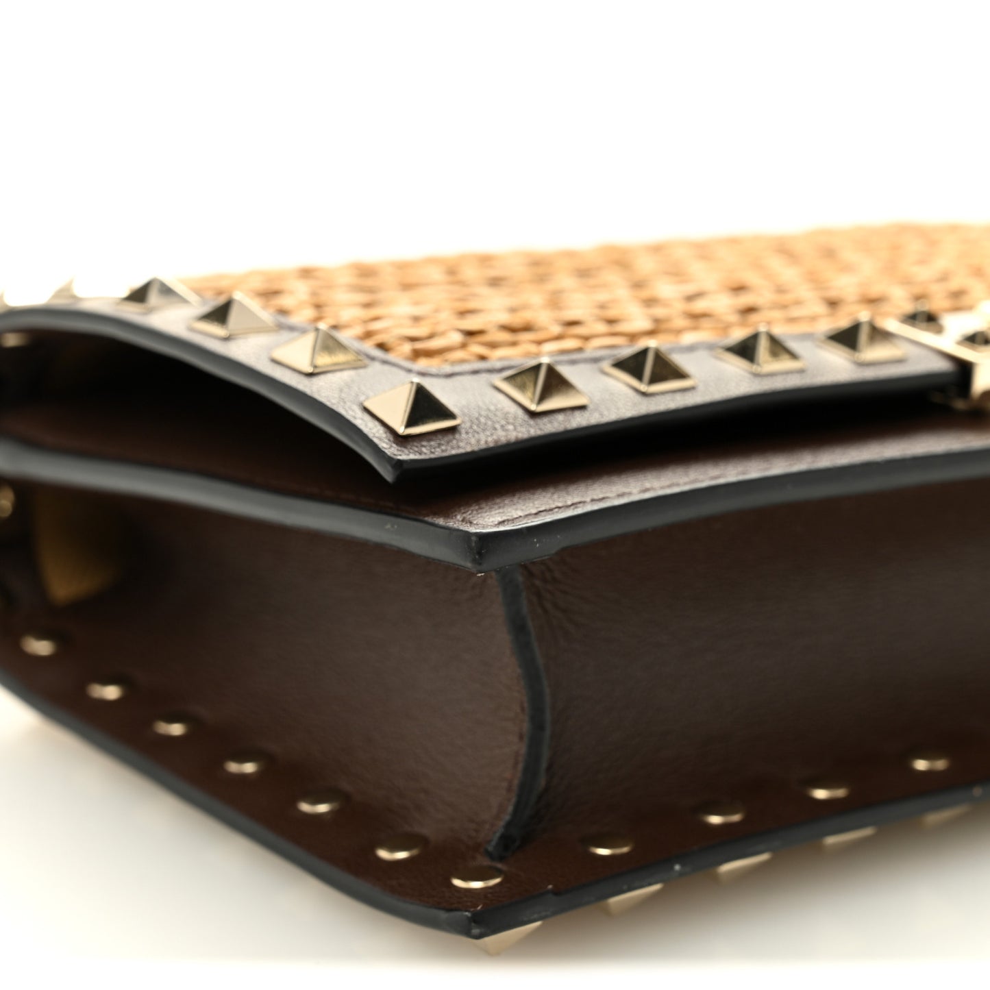 Raffia Calfskin Rockstud Wallet On Chain Pouch Natural Brown