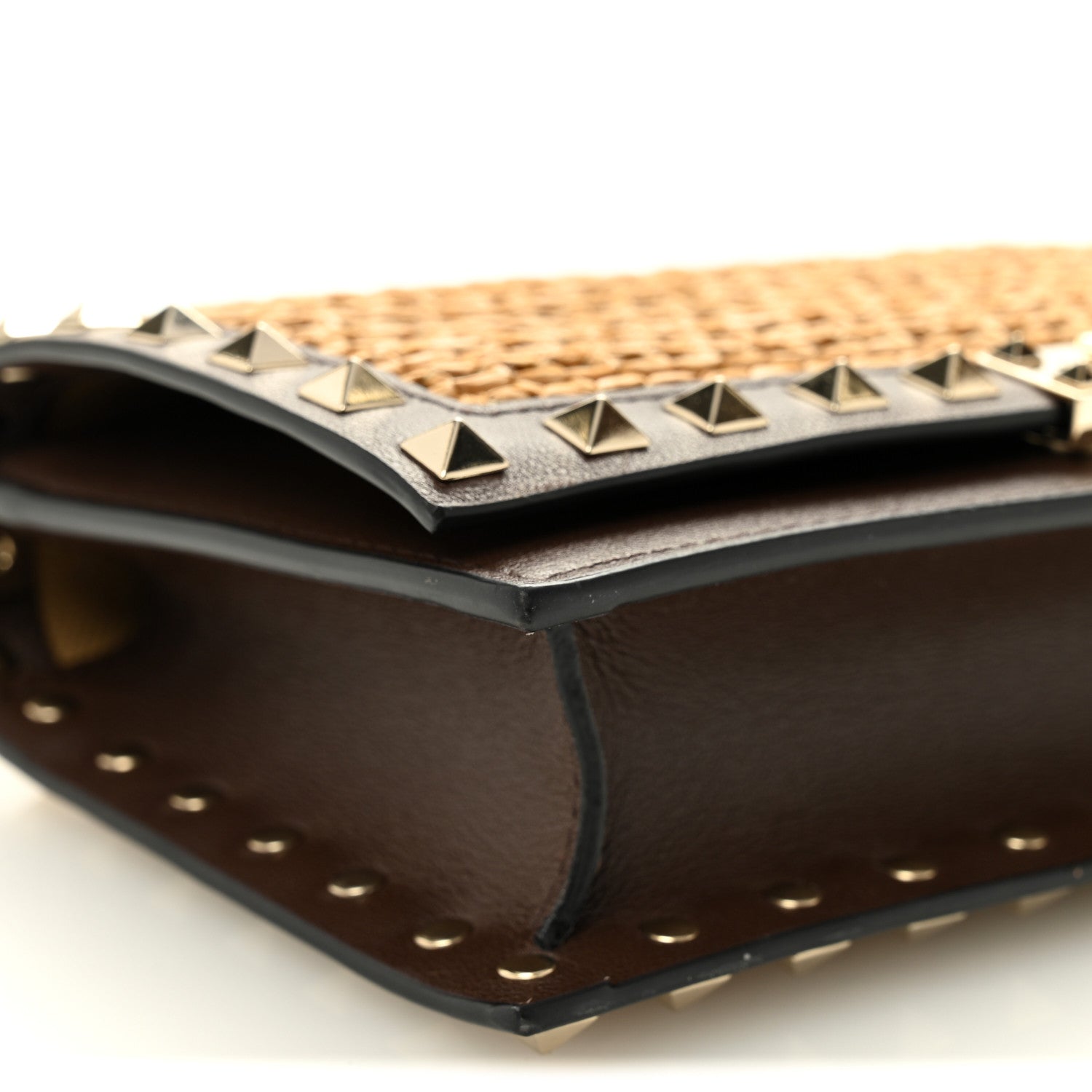 Valentino Garavani Raffia Calfskin Rockstud Wallet On Chain Pouch Natural Brown 8 of 9