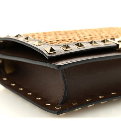 Valentino Garavani Raffia Calfskin Rockstud Wallet On Chain Pouch Natural Brown 8 of 9