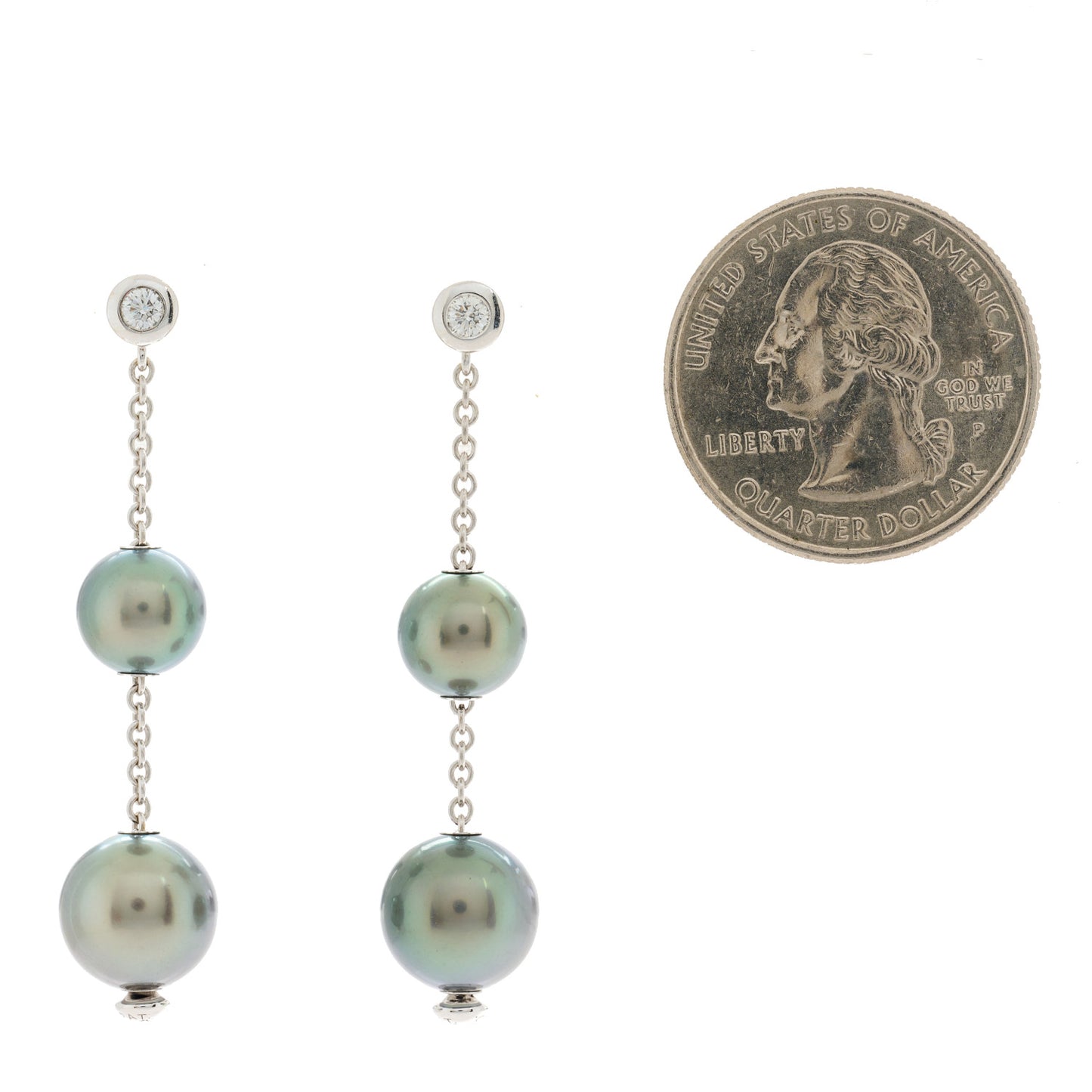 18K White Gold Diamond Black South Sea Pearl 8-10mm Pearls in Motion Earrings
