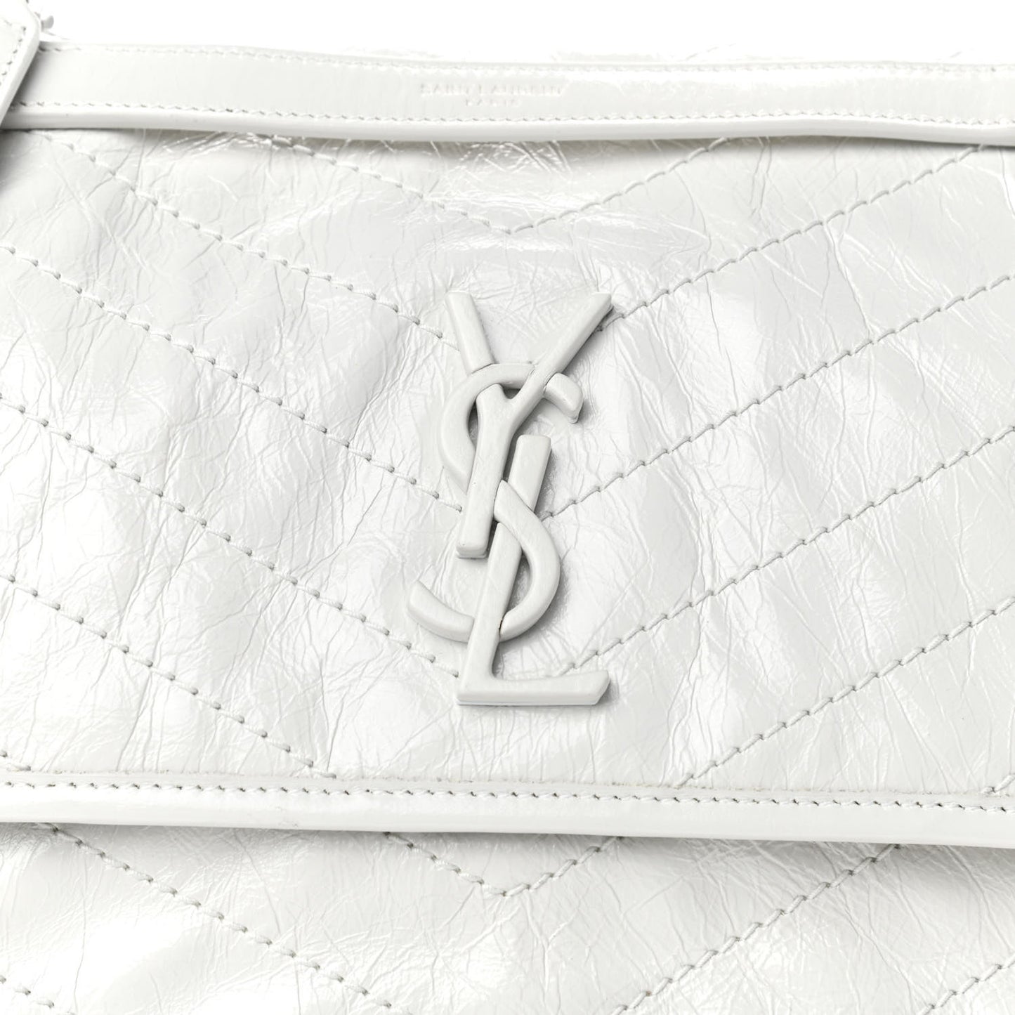 Crinkled Calfskin Matelasse Monogram Medium Niki Chain Satchel Pearl White