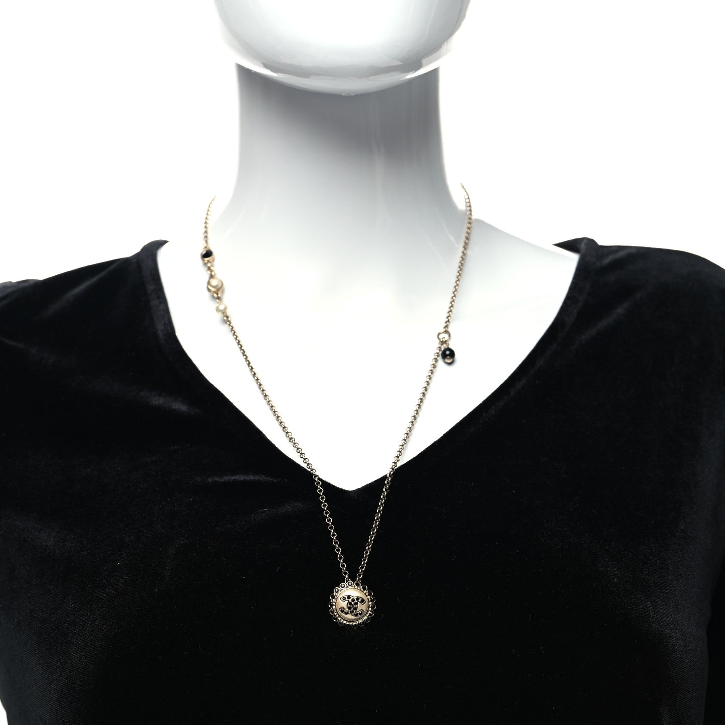 Pearl Crystal CC Round Pendant Long Necklace Gold Pearly White Black