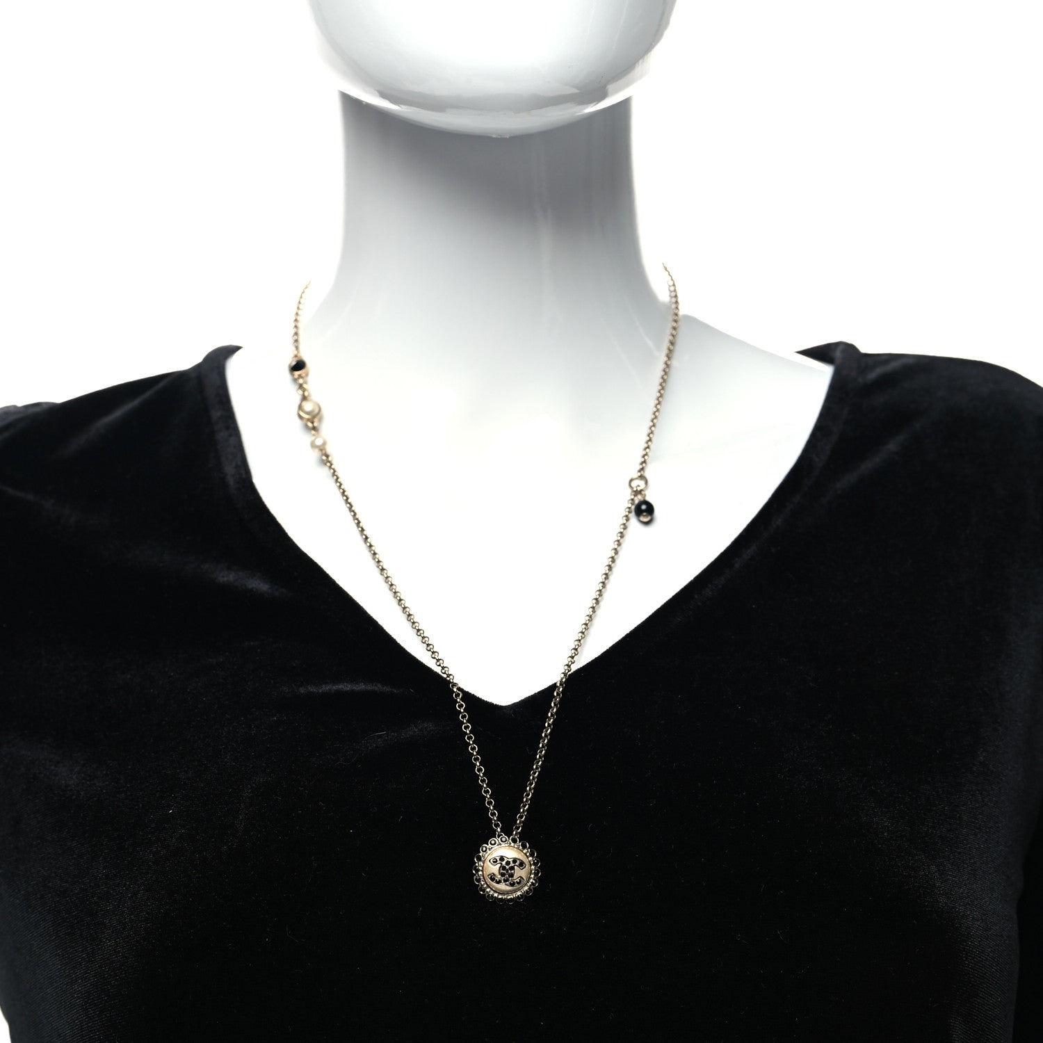 Chanel Pearl Crystal CC Round Pendant Long Necklace Gold Pearly White Black 2 of 5