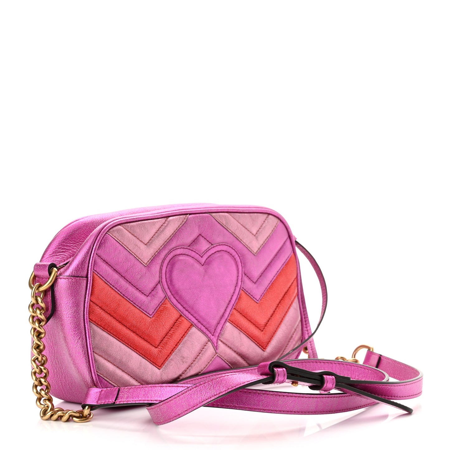 Laminated Nappa Matelasse Small GG Marmont Chain Shoulder Bag Fuxia Rosso Rosa