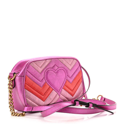 Gucci Laminated Nappa Matelasse Small GG Marmont Chain Shoulder Bag Fuxia Rosso Rosa 3 of 10