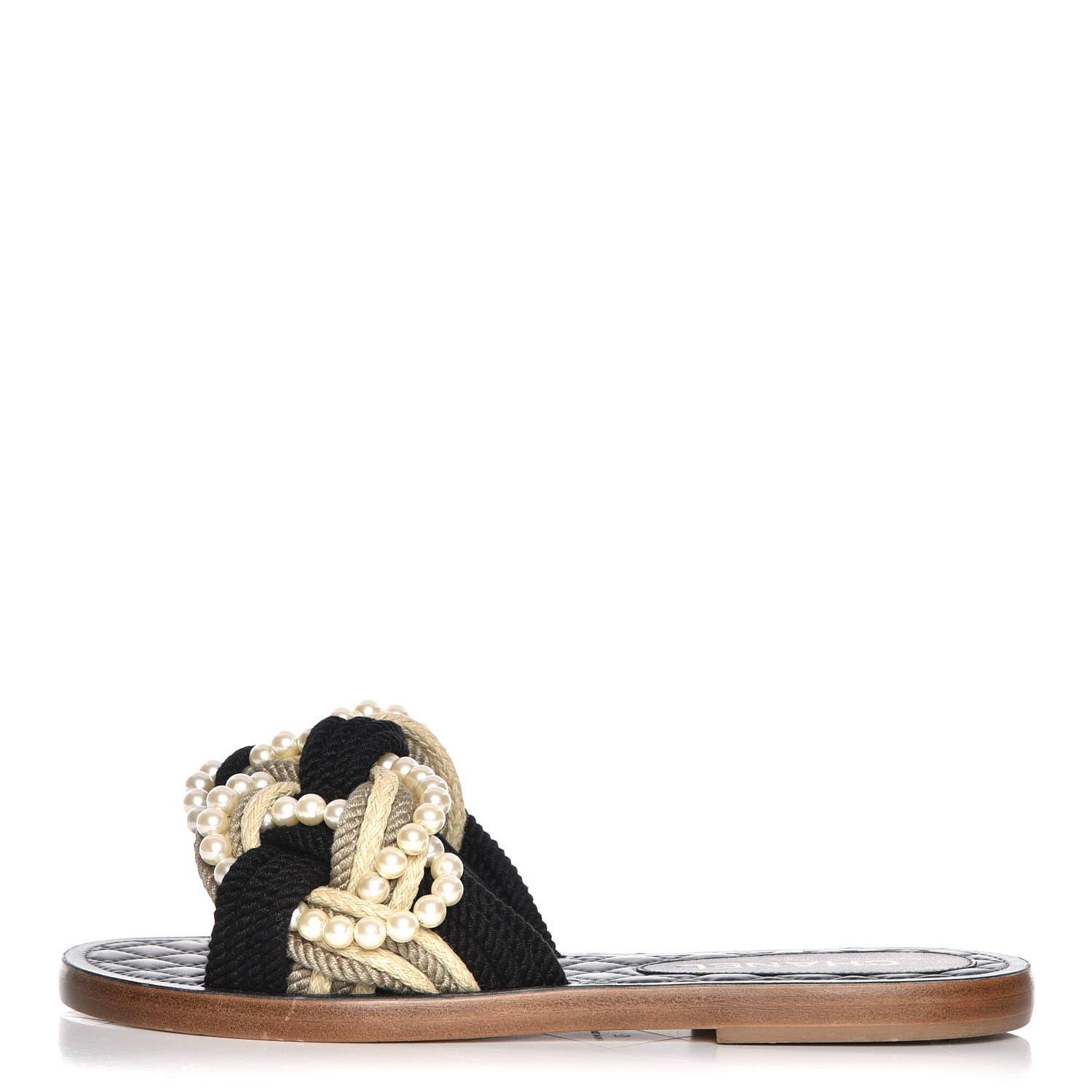 Chanel Lambskin Pearl Cord CC Mules 37 Black Beige 1 of 8