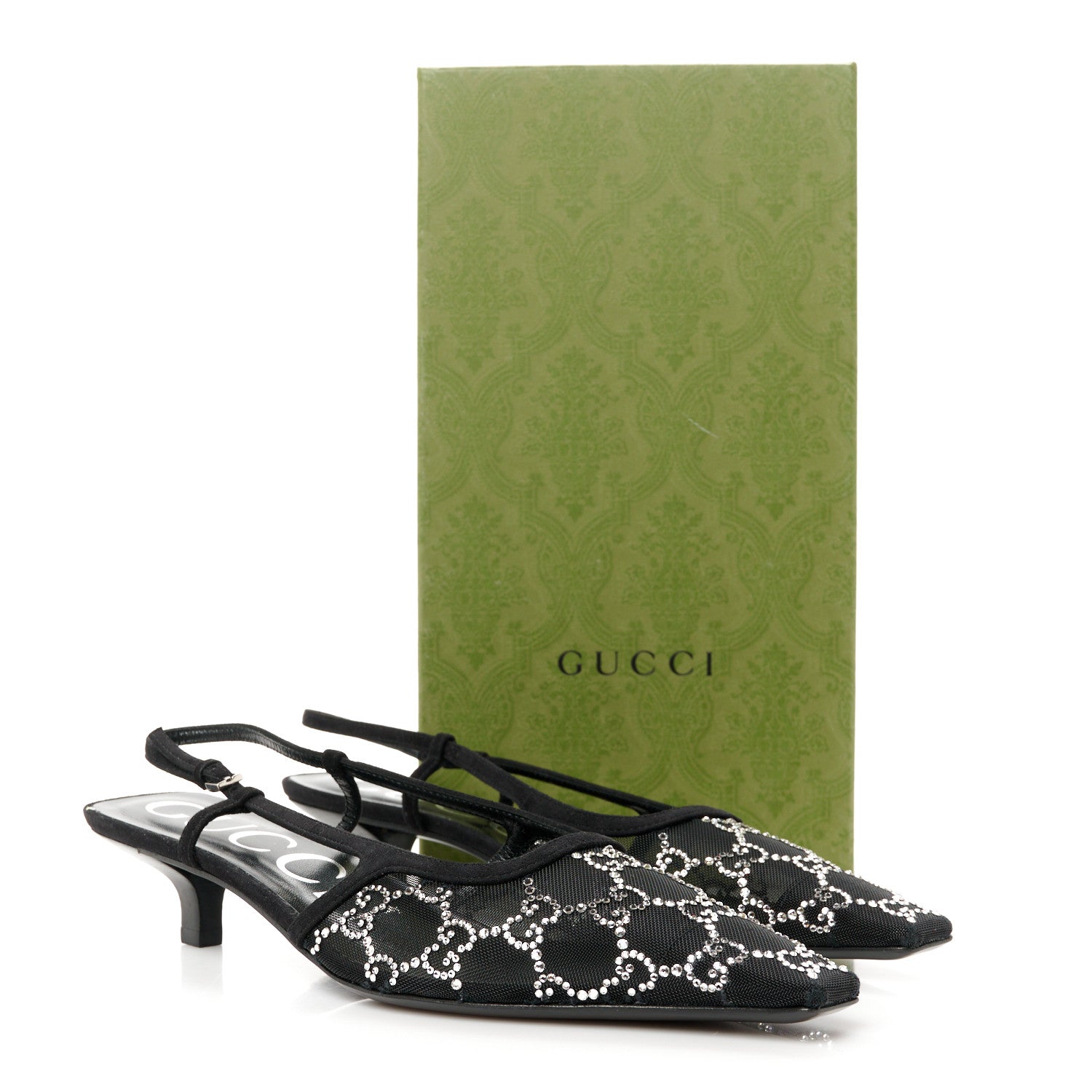 Gucci Tela Retino Kid Scamosciato Crystal GG Monogram Square G 35mm Slingback Pumps 38.5 Black 9 of 9