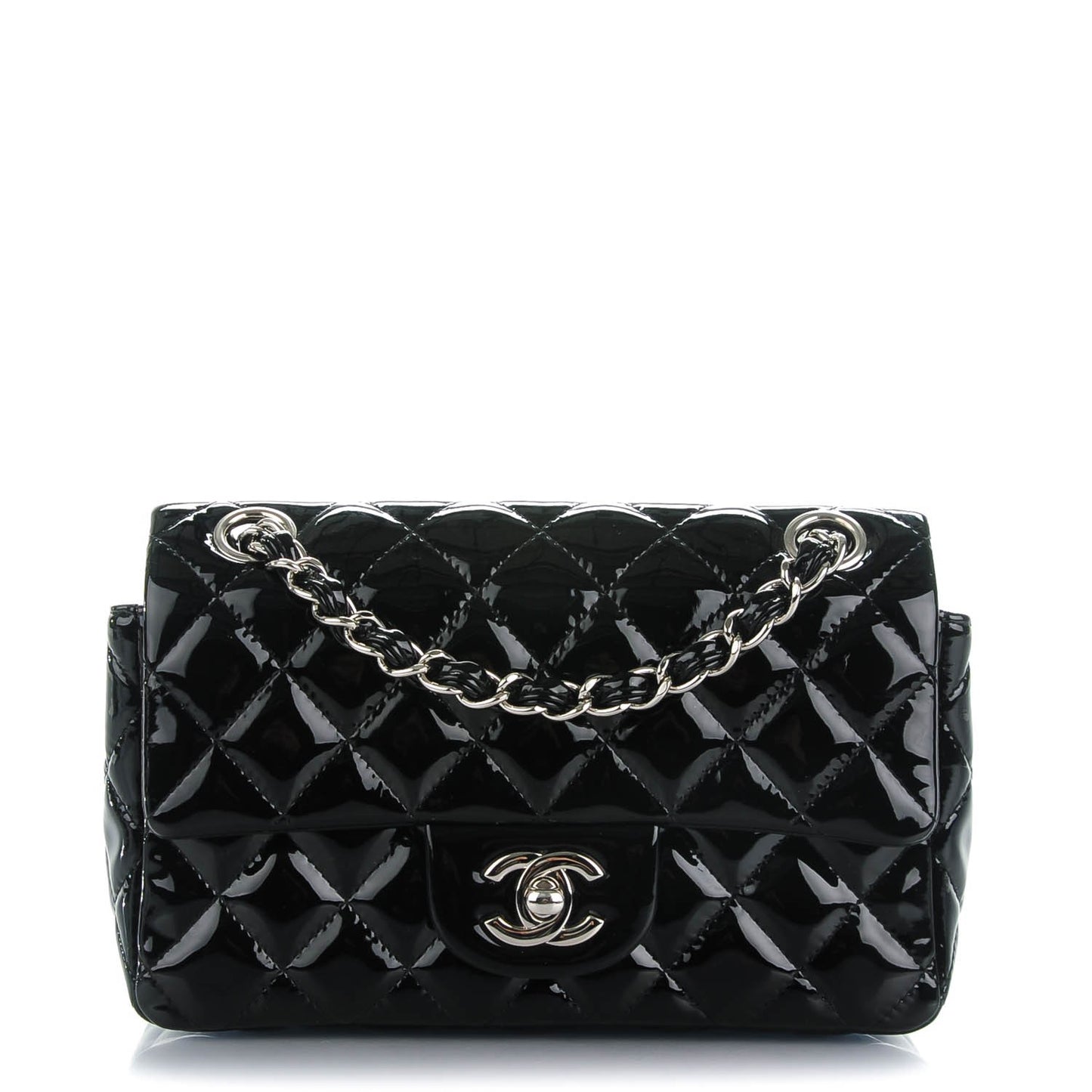 Patent Calfskin Quilted Mini Rectangular Flap Black