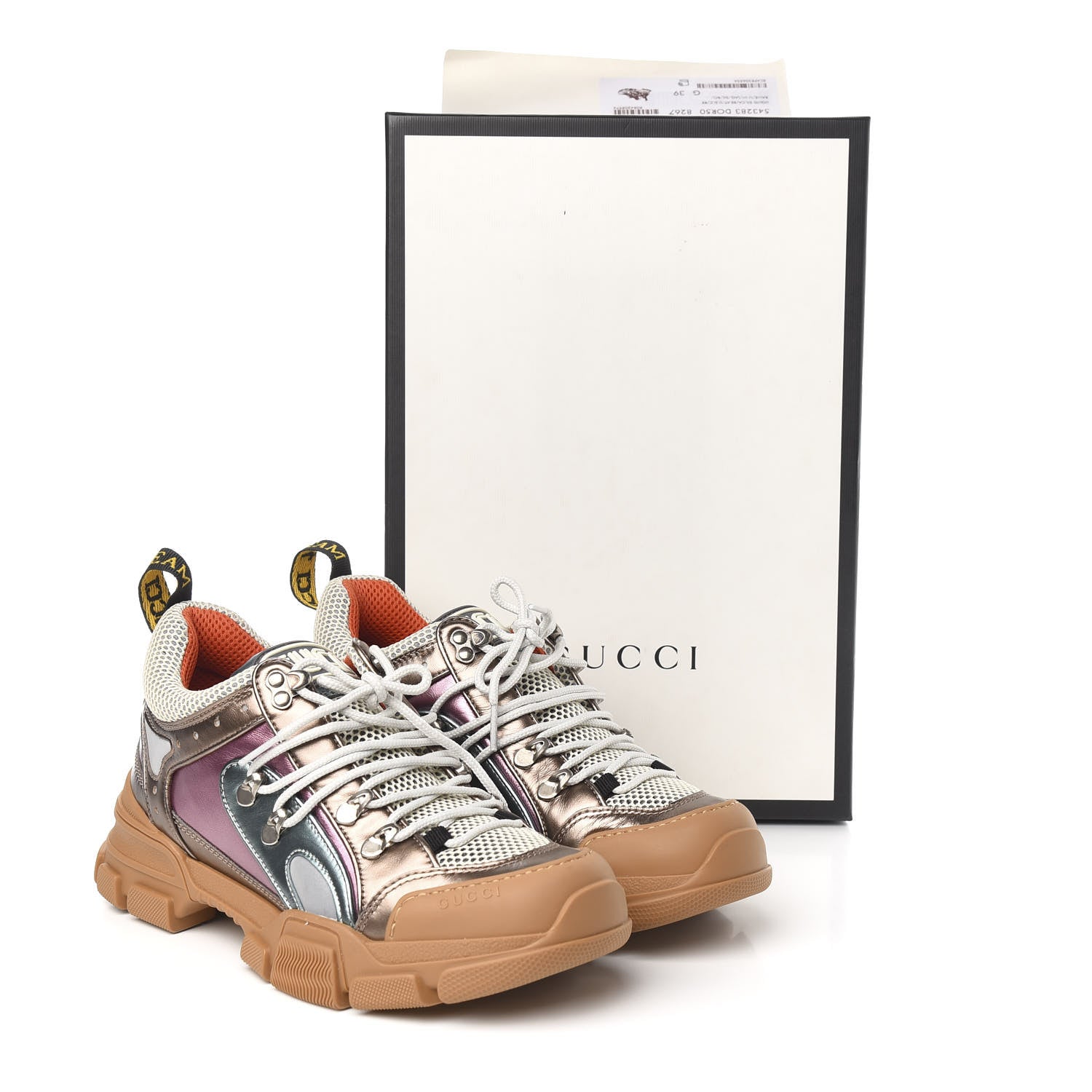 Gucci X SEGA Metallic Calfskin Mesh Womens Flashtrek Sneakers 39 Rame Mystic White Lago 9 of 9