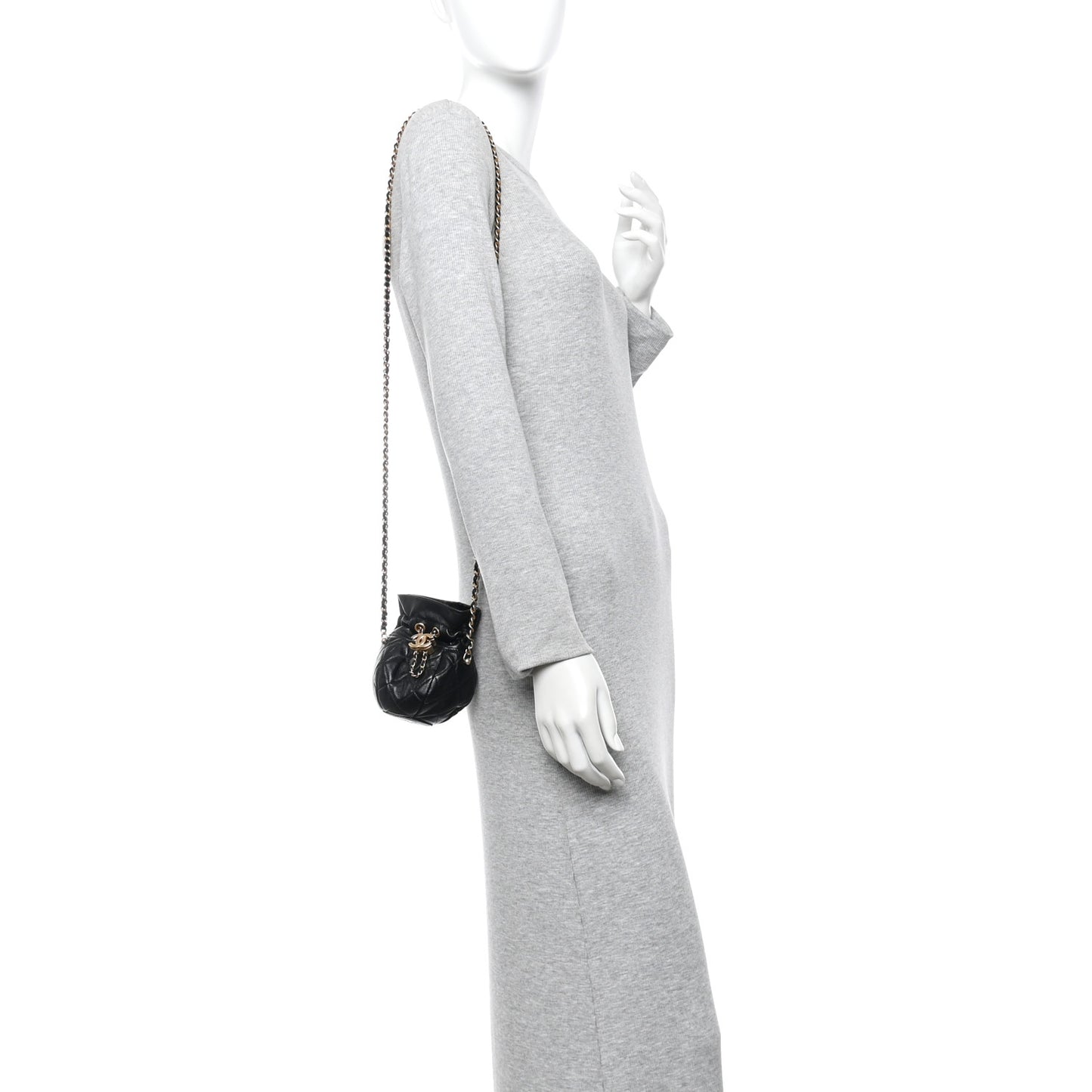 Shiny Lambskin Quilted Mini Drawstring CC Bucket Bag Black