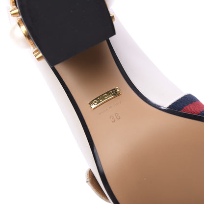Gucci Betis Glamour Calfskin Web Pearl Embellished Peyton 75mm Loafer Pumps 38 Mystic White 7 of 9