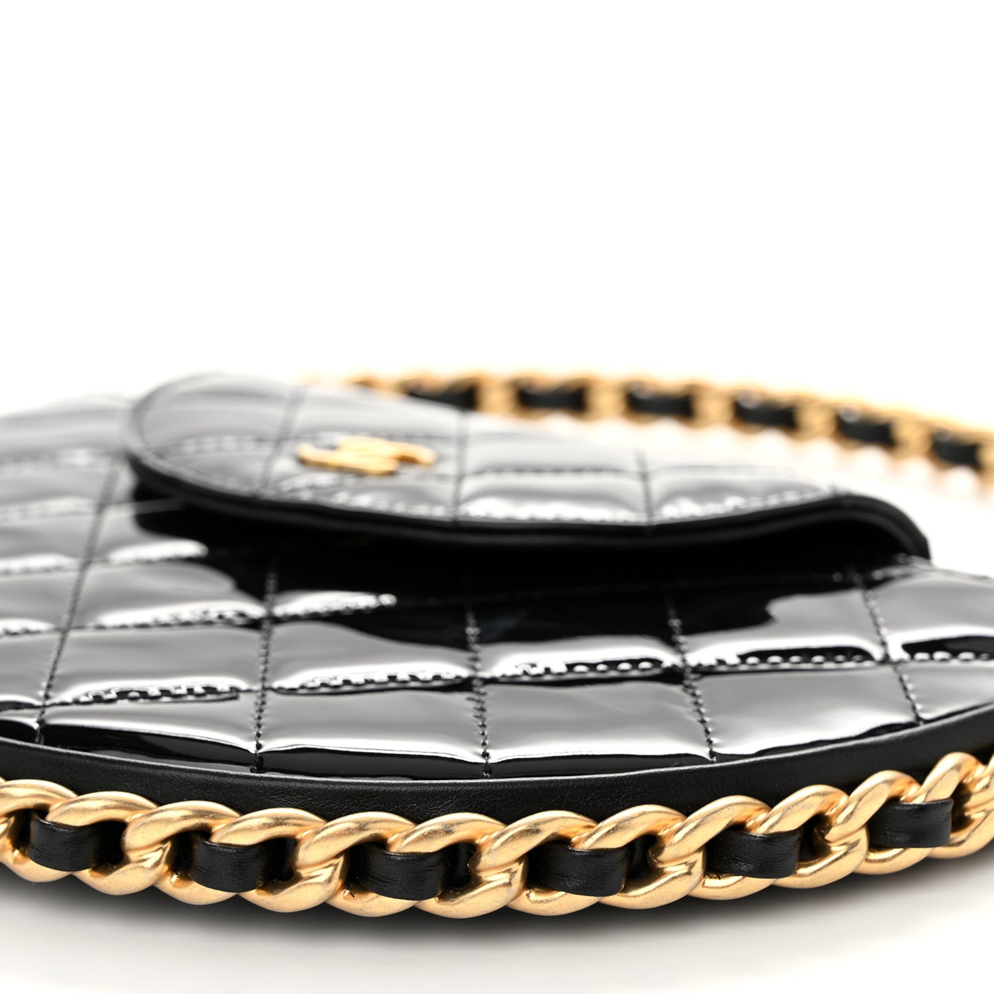 Patent Calfskin Quilted Chain Hoop Bag Black