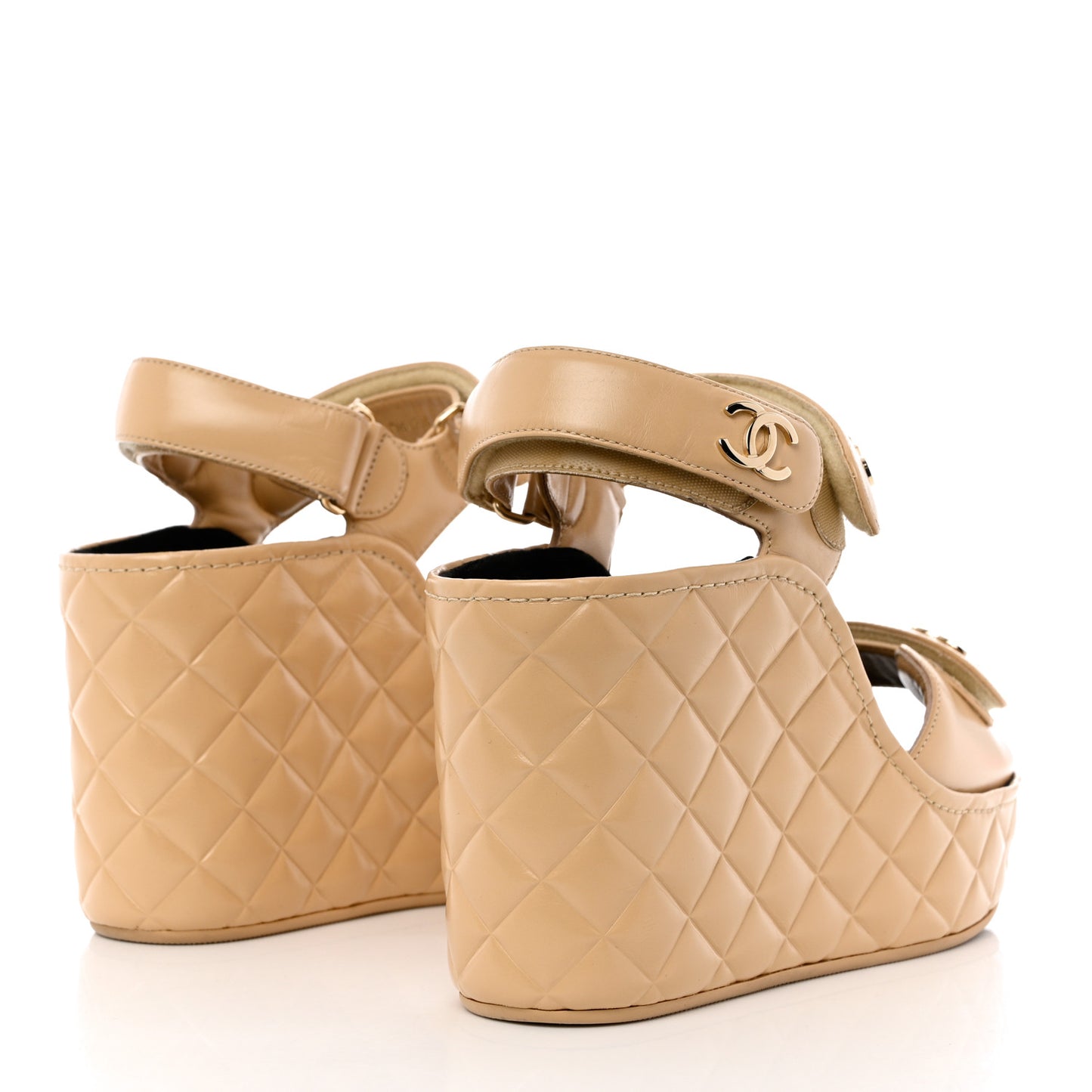 Shiny Calfskin Quilted Wedge Sandals 39 Beige