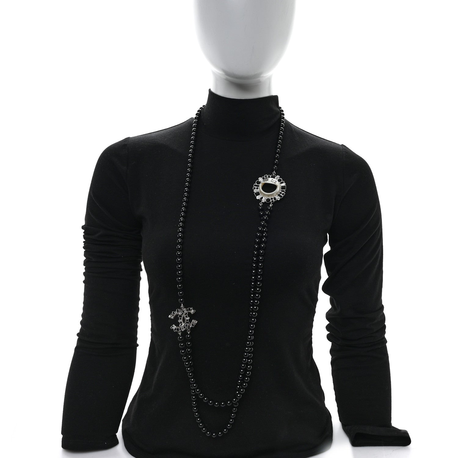 Chanel Bead Crystal Baguette Multi Strand CC Smiley Emoji Necklace Silver Black 2 of 7