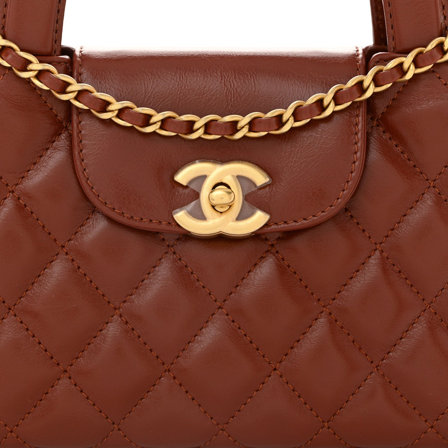 Chanel Shiny Aged Calfskin Quilted Nano Kelly Shopper Brown