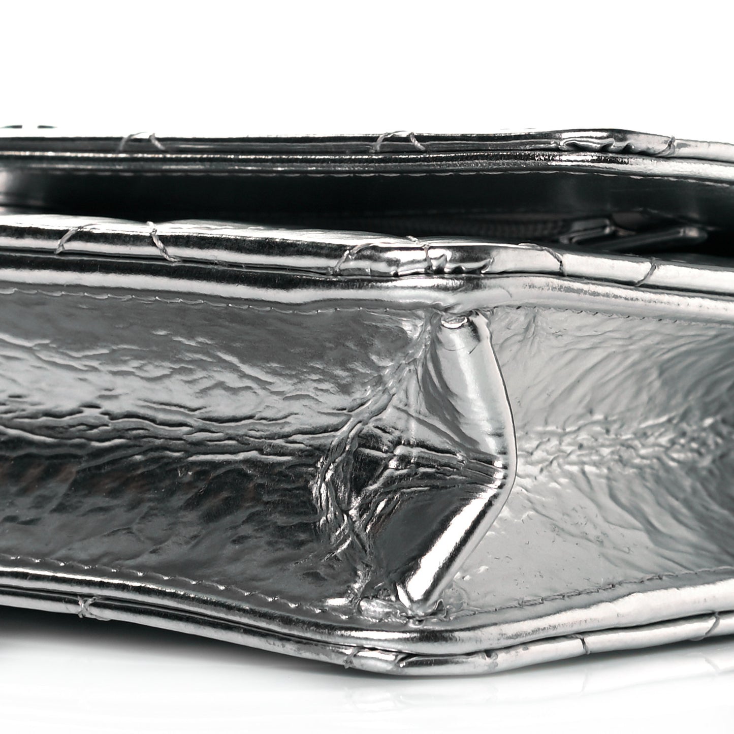 Hammered Metallic Calfskin Quilted Wallet On Chain WOC Silver