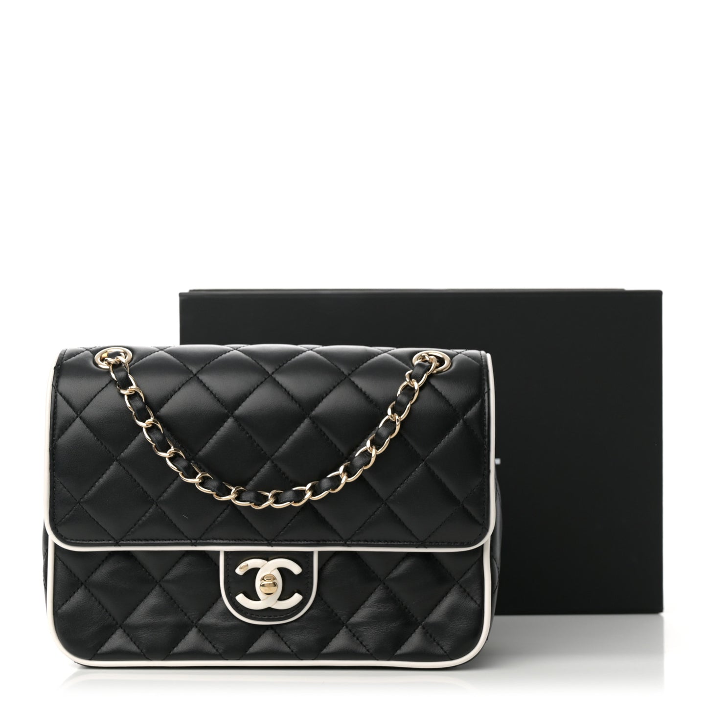 Lambskin Quilted Resin Graphic Frame Flap Bag Black White