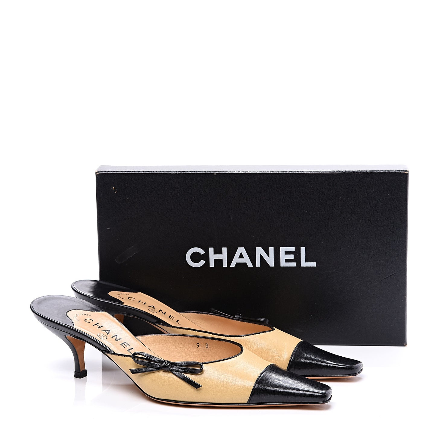 Lambskin Cap Toe CC Mules 39 Beige Black