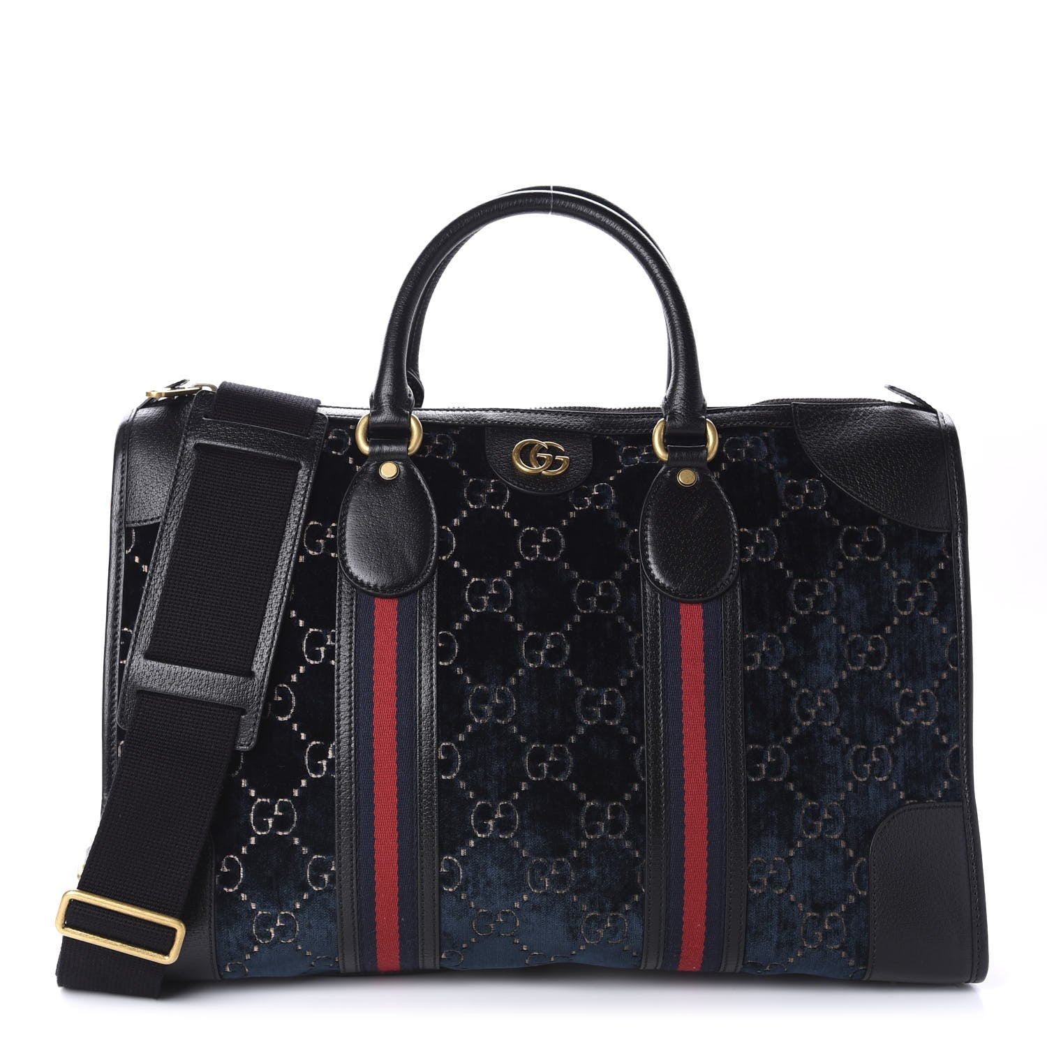 Gucci Velvet GG Monogram Textured Calfskin Web Medium Duffle Bag Blue Beige Black 1 of 9
