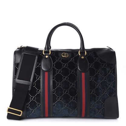 Gucci Velvet GG Monogram Textured Calfskin Web Medium Duffle Bag Blue Beige Black 1 of 9